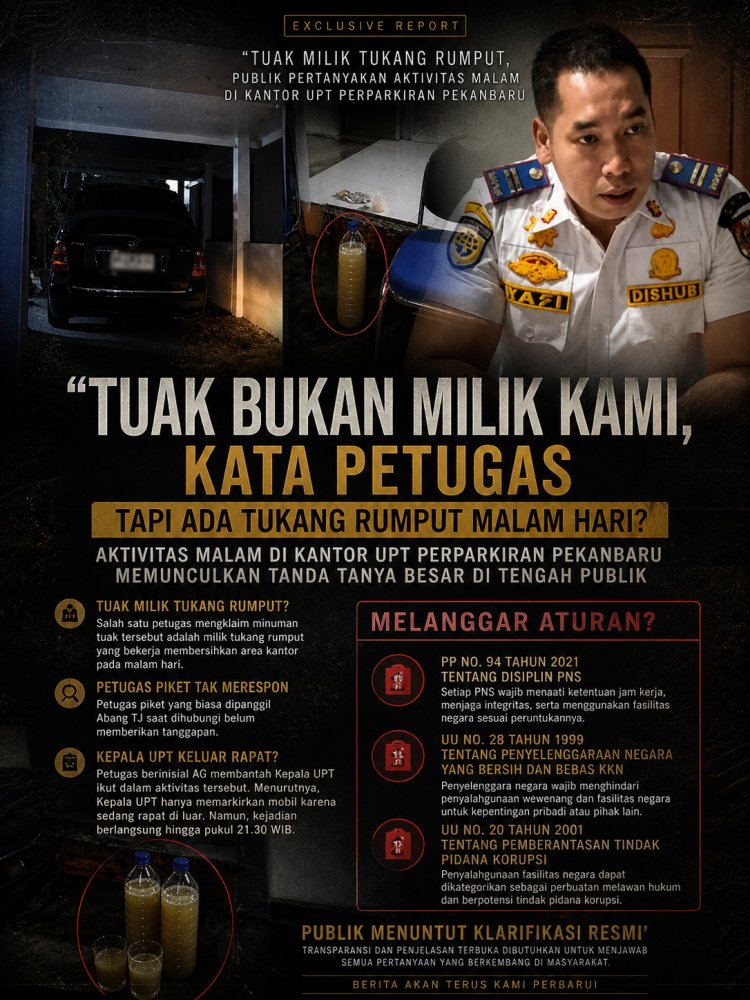 Alasan “Tuak Milik Tukang Rumput” Muncul, Publik Pertanyakan Aktivitas Malam di Kantor UPT Perparkiran Pekanbaru